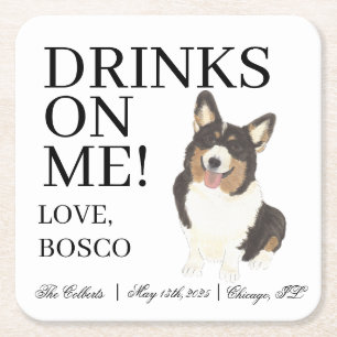 Black Headed Tricolor Corgi Dog Wedding Square Paper Coaster