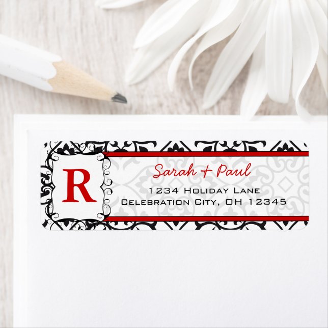 Black Heart Damask Red Font Return Address Label (Insitu)