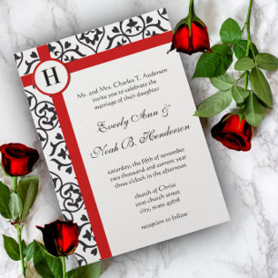 Black Heart Damask Side Borders Red Trim Wedding Invitation