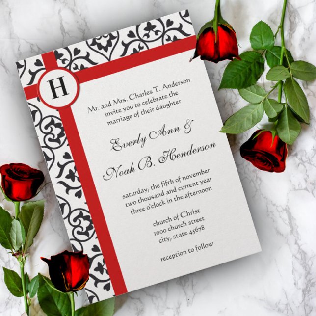 Black Heart Damask Side Borders Red Trim Wedding Invitation (Creator Uploaded)