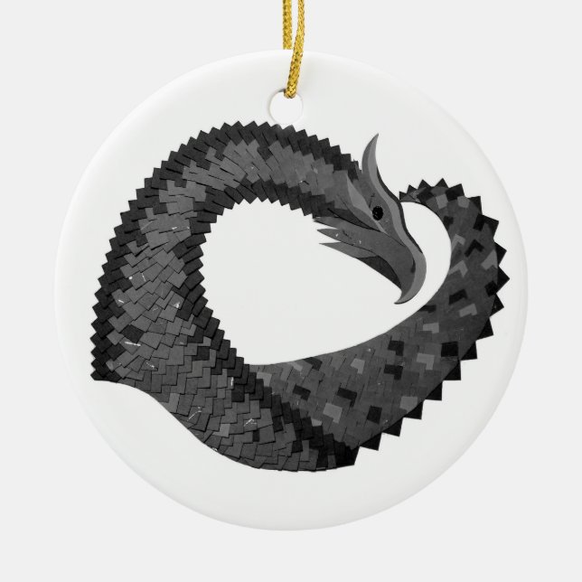 Black heart dragon on white ceramic tree decoration (Front)