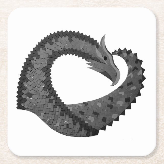Black heart dragon on white square paper coaster (Front)