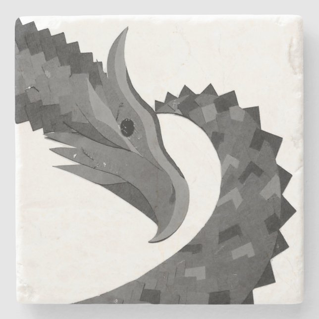 Black heart dragon on white stone coaster (Front)