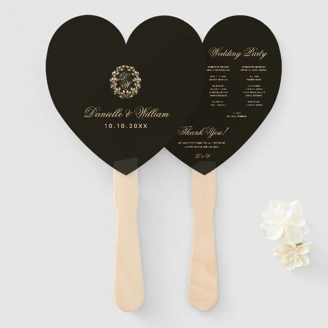 Black Heart Gold Wreath Monogram Wedding Program Hand Fan (Front and Back)