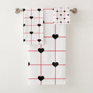 Black Heart Grid with Red Linework Bath Towel Set