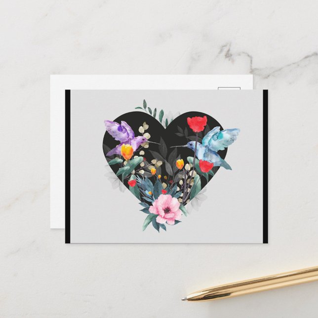 Black Heart Postcard (Watercolor illustration featuring a black heart shape filled with a variety of flowers!)