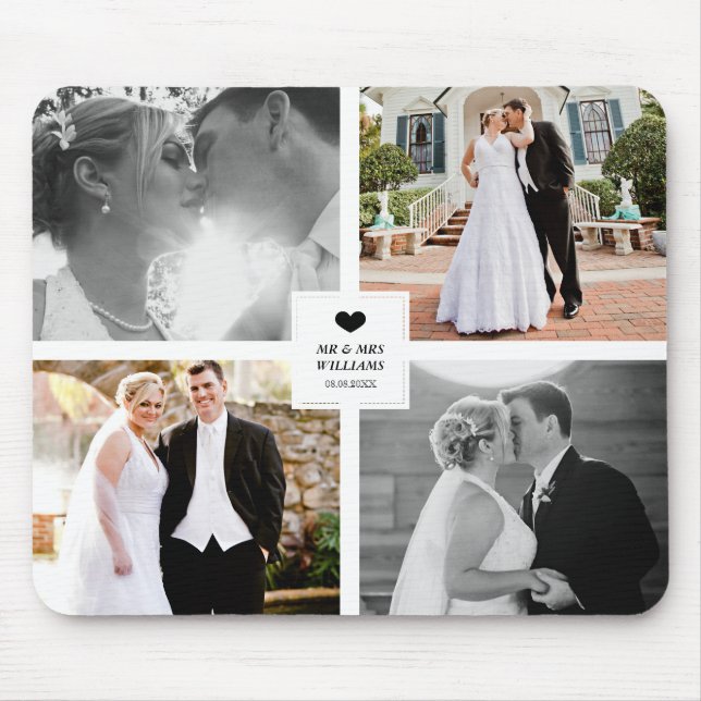 Black Heart Wedding Photo Collage Mouse Pad (Front)
