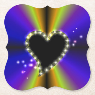Black Heart with Stars on purple yellow Rainbow Paper Coaster