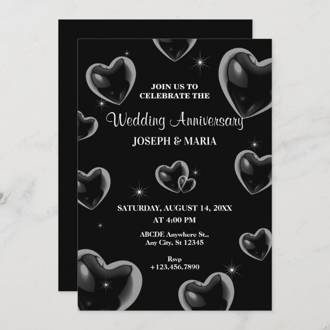 Black Hearts bubble Wedding Anniversary Invitation (Front/Back)