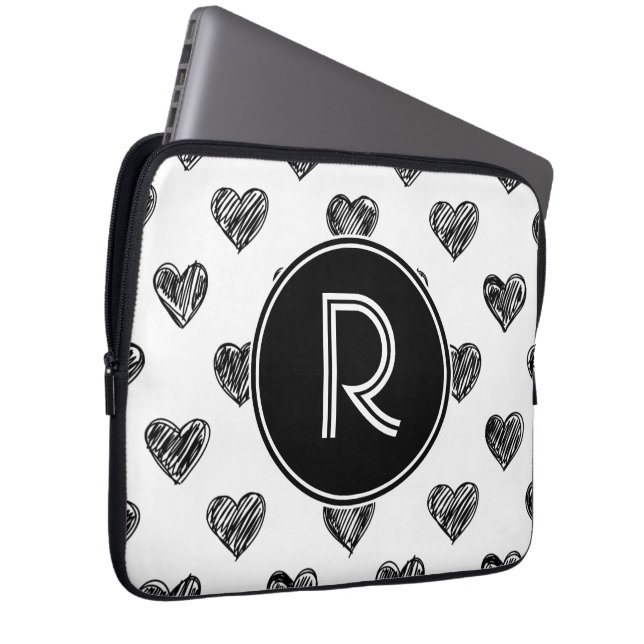 Black Hearts Doodles Monogram Laptop Sleeve (Front Right)