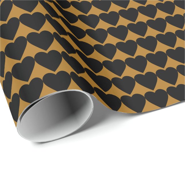 Black Hearts on Matte Gold Wrapping Paper (Roll Corner)