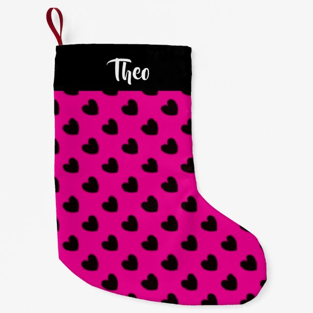 Black hearts on pink small christmas stocking (Front)