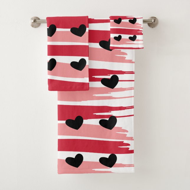 Black Hearts Red Pink Stripes Pattern Bath Towel Set (Insitu)