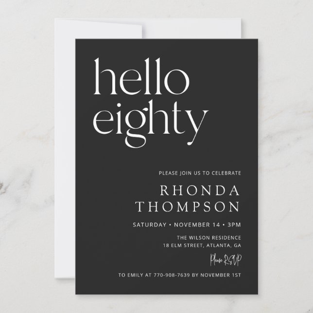 Black Hello Eighty Classic Simple 80th Birthday Invitation (Front)