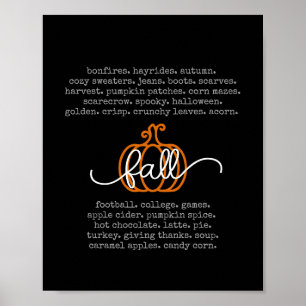 Black Hello Fall Definition Words Pumpkin Autumn Poster