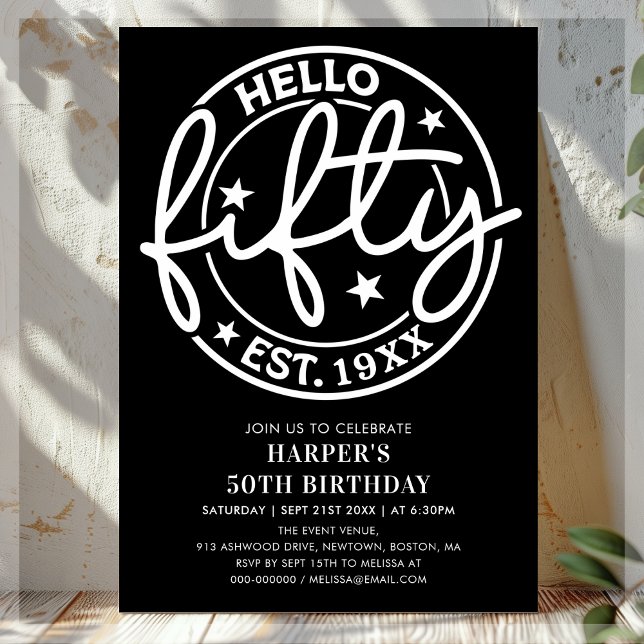 Black Hello Fifty 50th Birthday Invitation (Creator Uploaded)