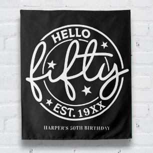 Black Hello Fifty 50th Birthday Tapestry