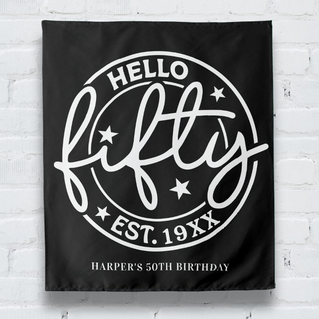 Black Hello Fifty 50th Birthday Tapestry (Creator Uploaded)