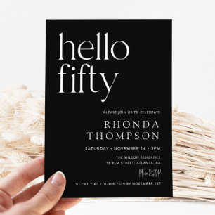 Black Hello Fifty Classic Simple 50th Birthday Invitation
