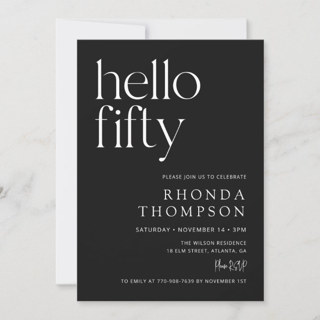 Black Hello Fifty Classic Simple 50th Birthday Invitation (Front)