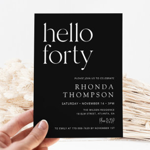 Black Hello Forty Classic Simple 40th Birthday Invitation