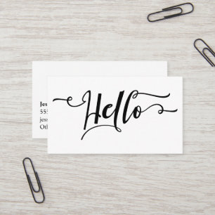 Black Hello Script Typography Over Editable White Business Card