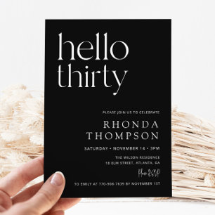 Black Hello Thirty Classic Simple 30th Birthday Invitation