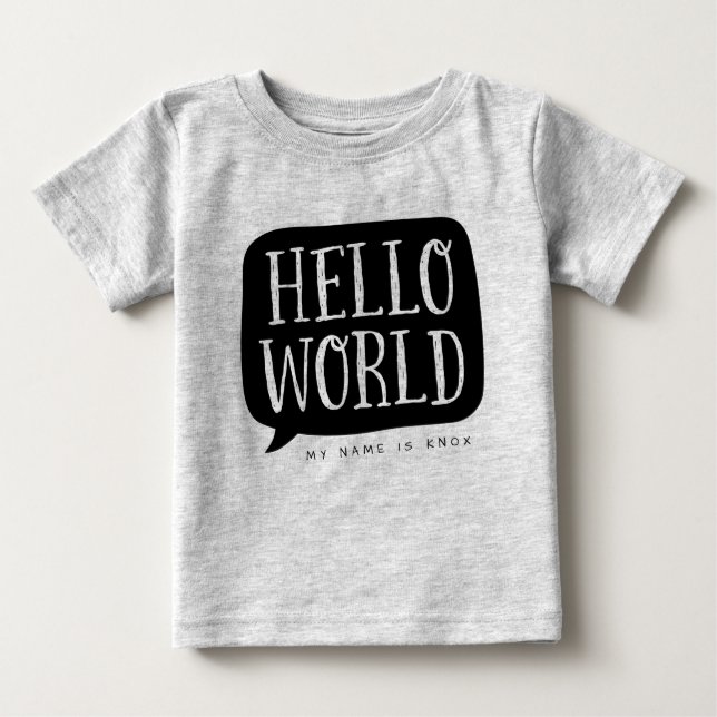 Black Hello World Personalised Name Baby T-Shirt (Front)