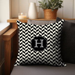 Black Herringbone Chevron Pattern with Monogram Cushion
