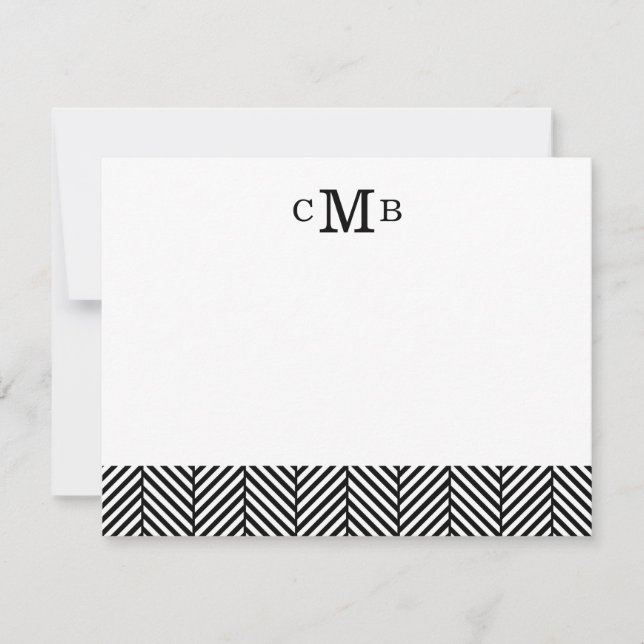 Black Herringbone Custom Monogram Stationery Note Card (Front)