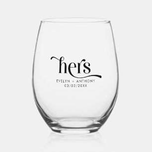 Black Hers Elegant Typography Design Stemless Wine Glass