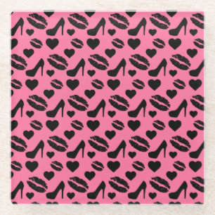 Black High Heels Kisses Lips Girly Makeup Hearts Glass Coaster
