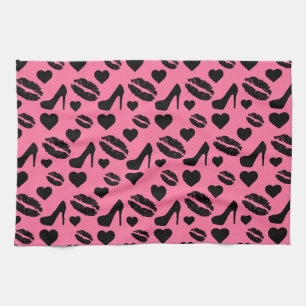 Black High Heels Kisses Lips Girly Makeup Hearts Tea Towel