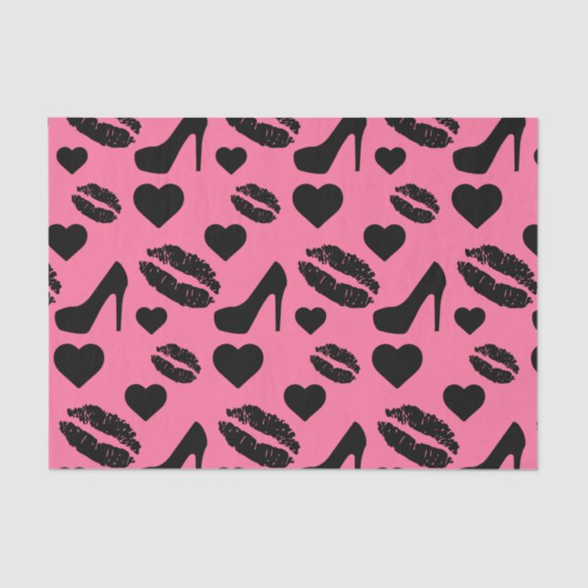 Black High Heels Kisses Lips Girly Makeup Hearts Tissue Paper (Front)