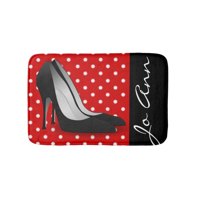 Black High Heels Red White Polka Dot Pattern Bath Mat (Front)