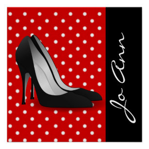 Black High Heels Red White Polka Dot Pattern Poster