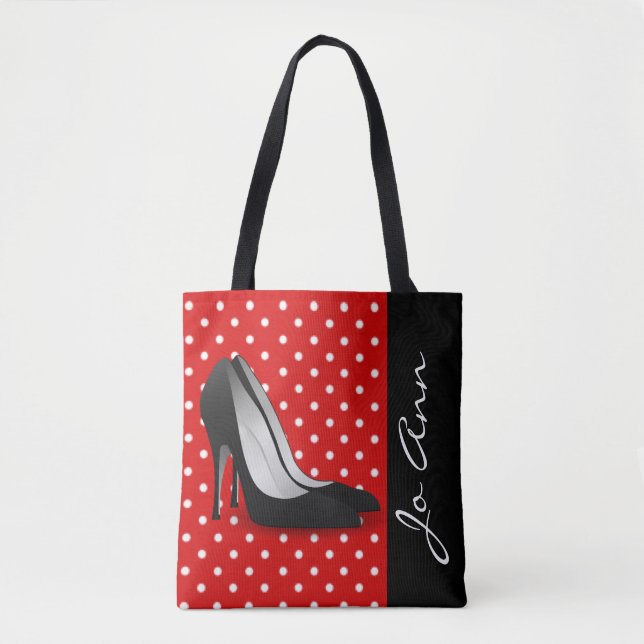 Black High Heels Red White Polka Dot Pattern Tote Bag (Front)