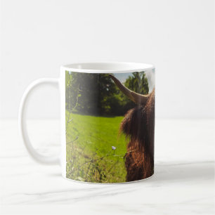 Black highland cow grazing green field sun light coffee mug