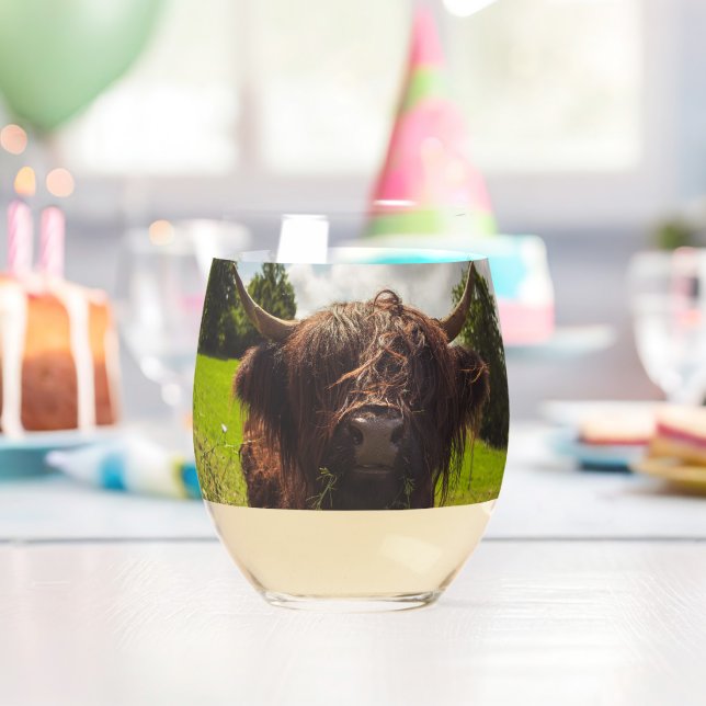 Black highland cow grazing green field sun light stemless wine glass (Insitu (Birthday))