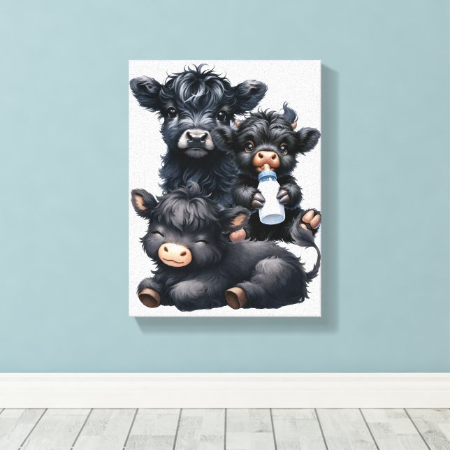 Black Highland Cow Reading A Book Canvas Print (Insitu(Wood Floor))