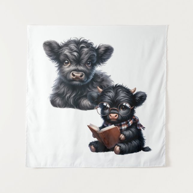 Black Highland Cow Reading A Book Tapestry (Front)