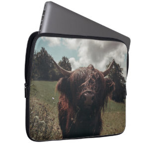 Black highland Scottish cow grazing vintage retro Laptop Sleeve