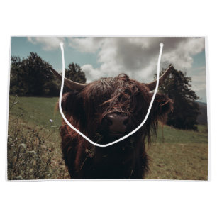 Black highland Scottish cow grazing vintage retro Large Gift Bag