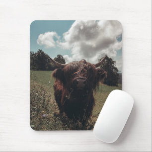 Black highland Scottish cow grazing vintage retro Mouse Pad