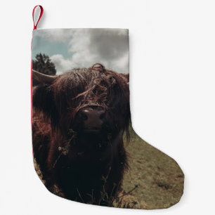 Black highland Scottish cow grazing vintage retro Small Christmas Stocking