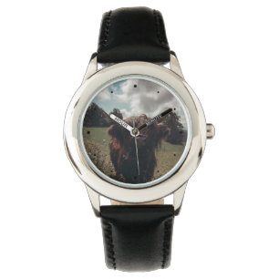 Black highland Scottish cow grazing vintage retro Watch
