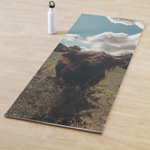 Black highland Scottish cow grazing vintage retro Yoga Mat