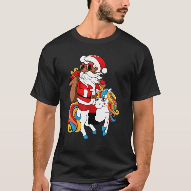 Black Hip Hop Santa Riding Unicorn African America T-Shirt (Front)
