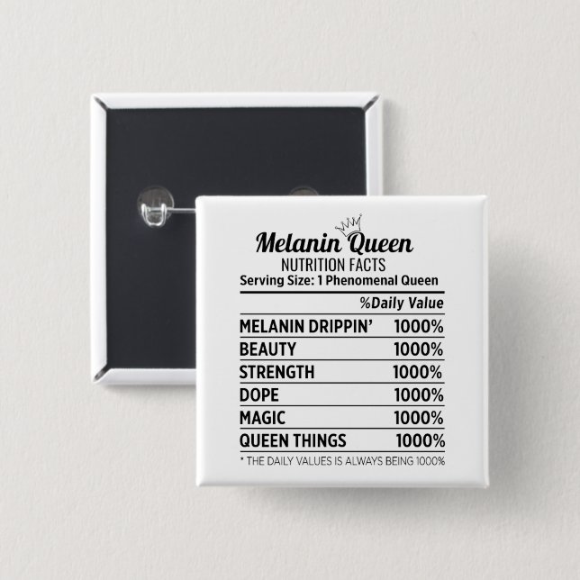 Black History Melanin Queen Nutrition Facts Button (Front & Back)