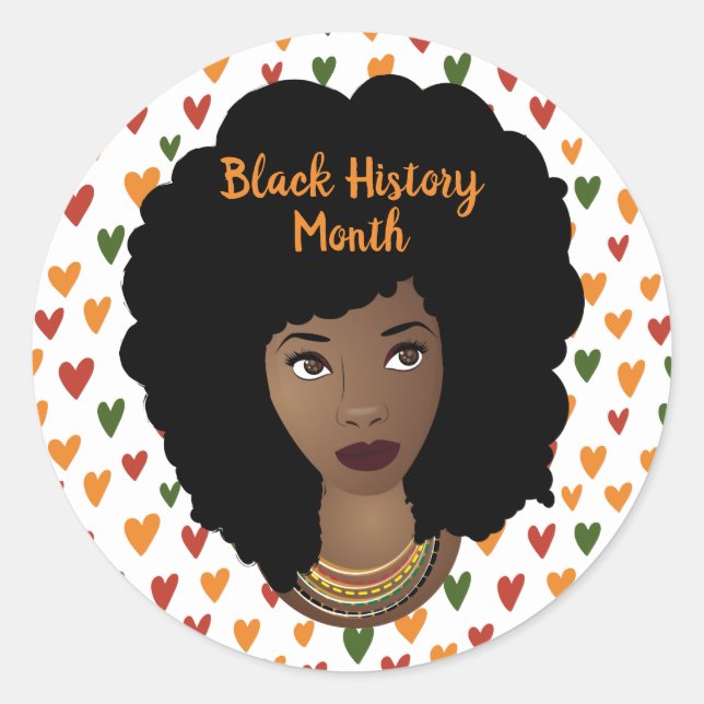 Black History Month, Black Woman, Hearts Classic Round Sticker (Front)